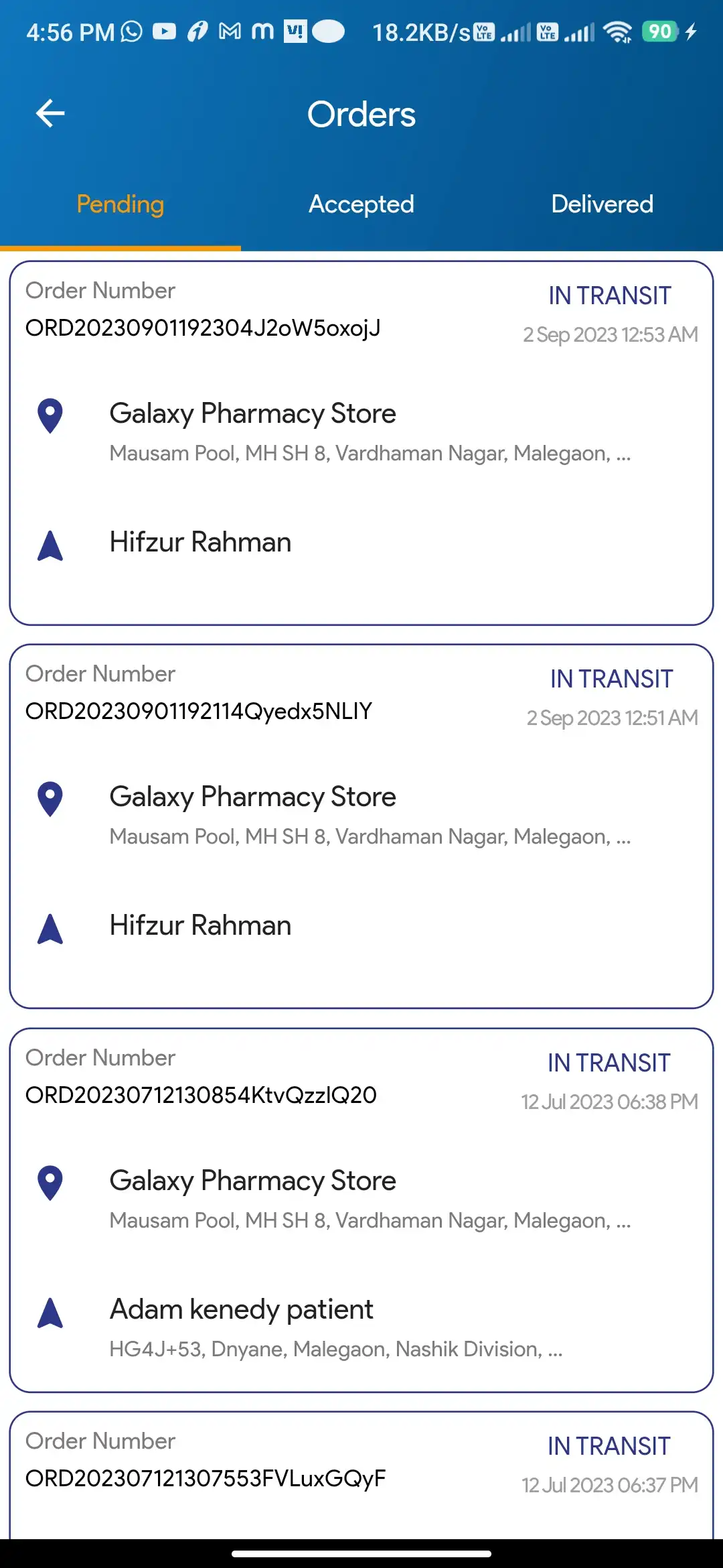 Pharmacy Ordering — delivery — Orders Pending