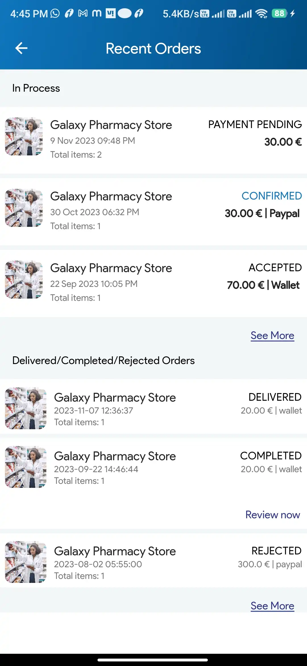 Pharmacy Ordering — user — Recent Orders