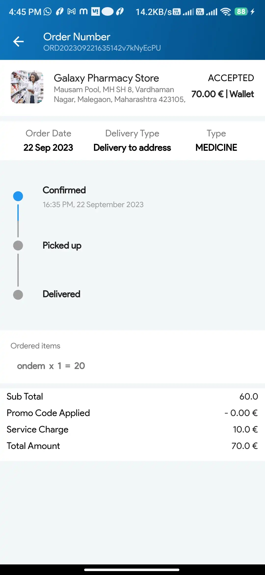 Pharmacy Ordering — user — Order Details