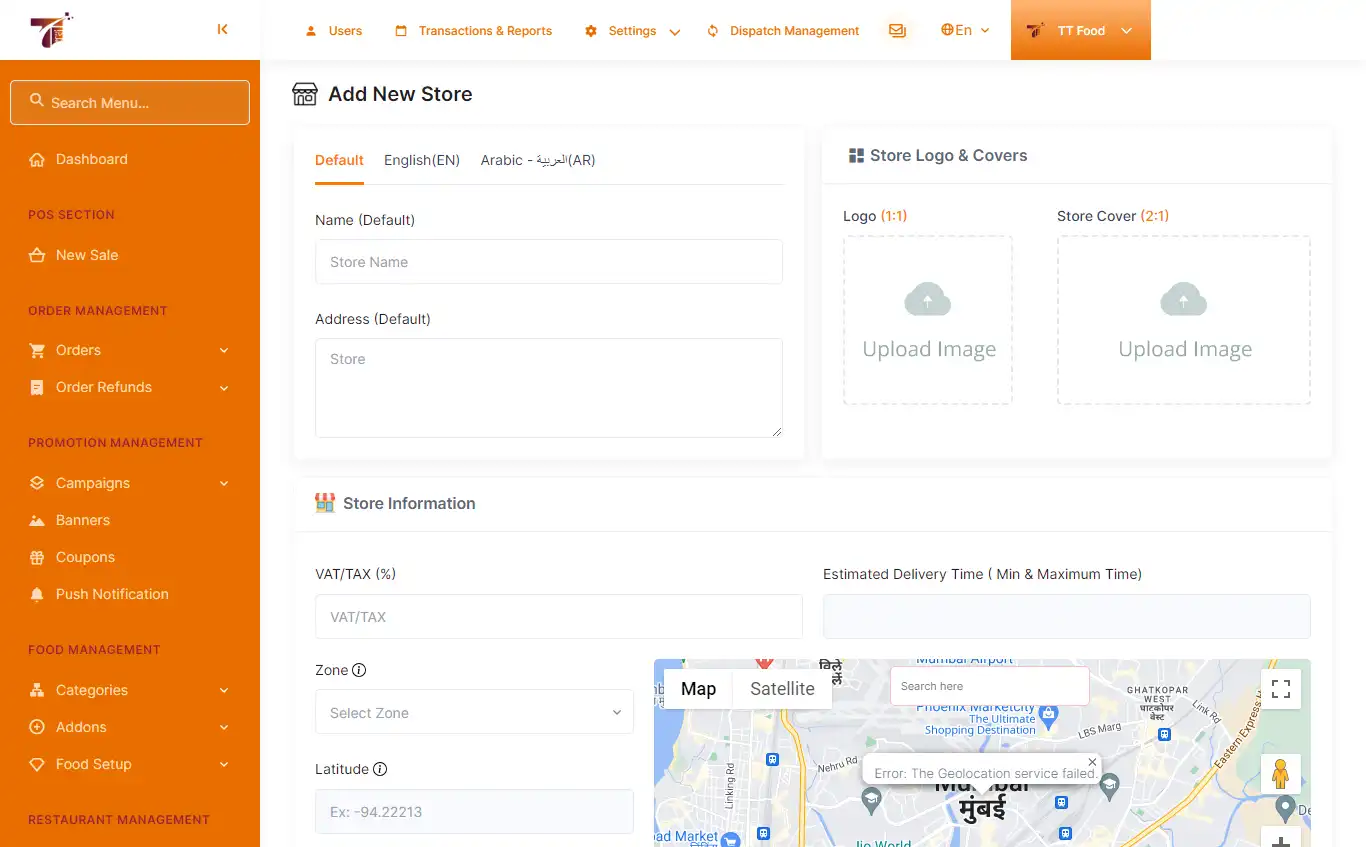 Food delivery admin panel — Add New Store