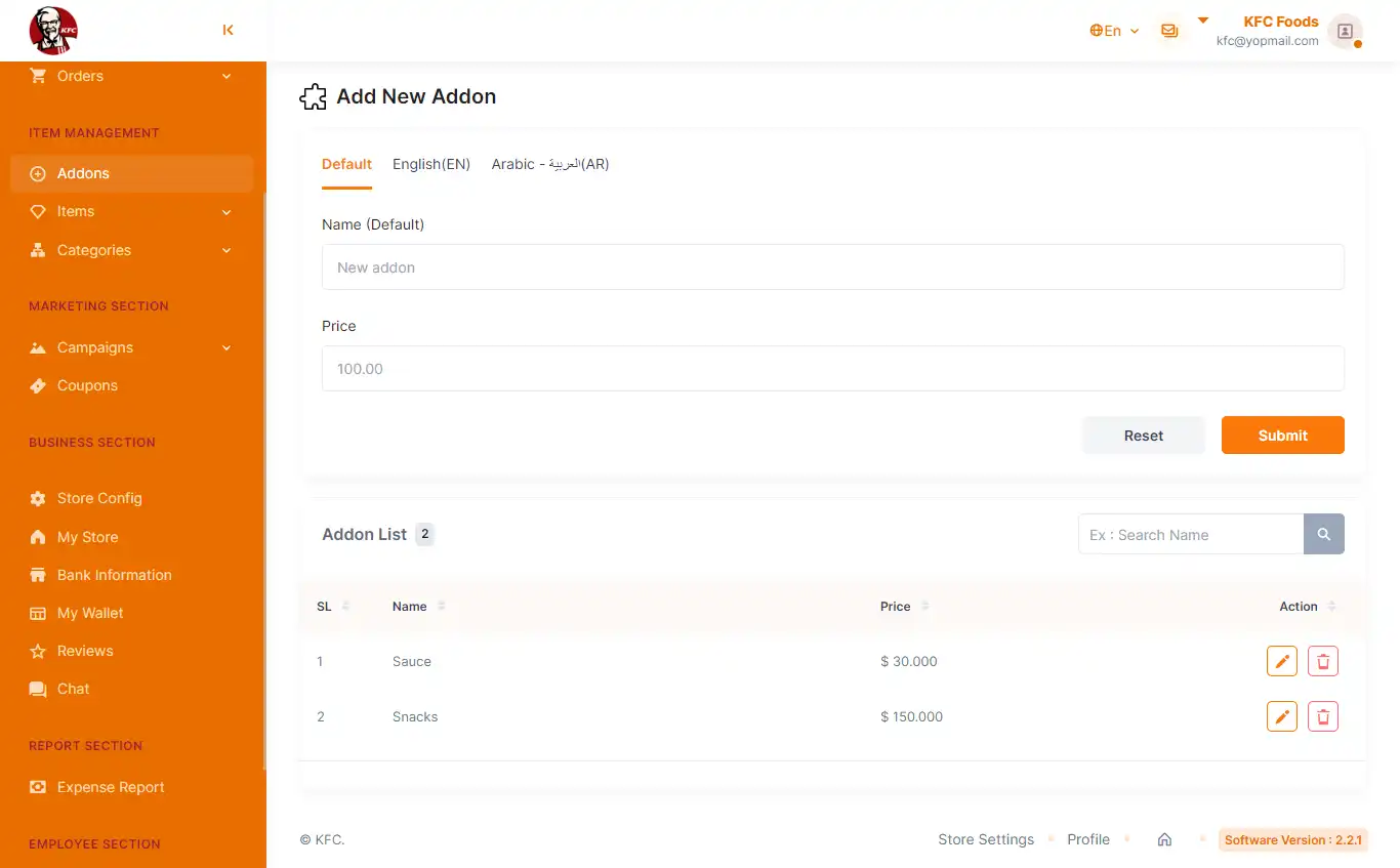 Food delivery restaurant panel — Add new Addons
