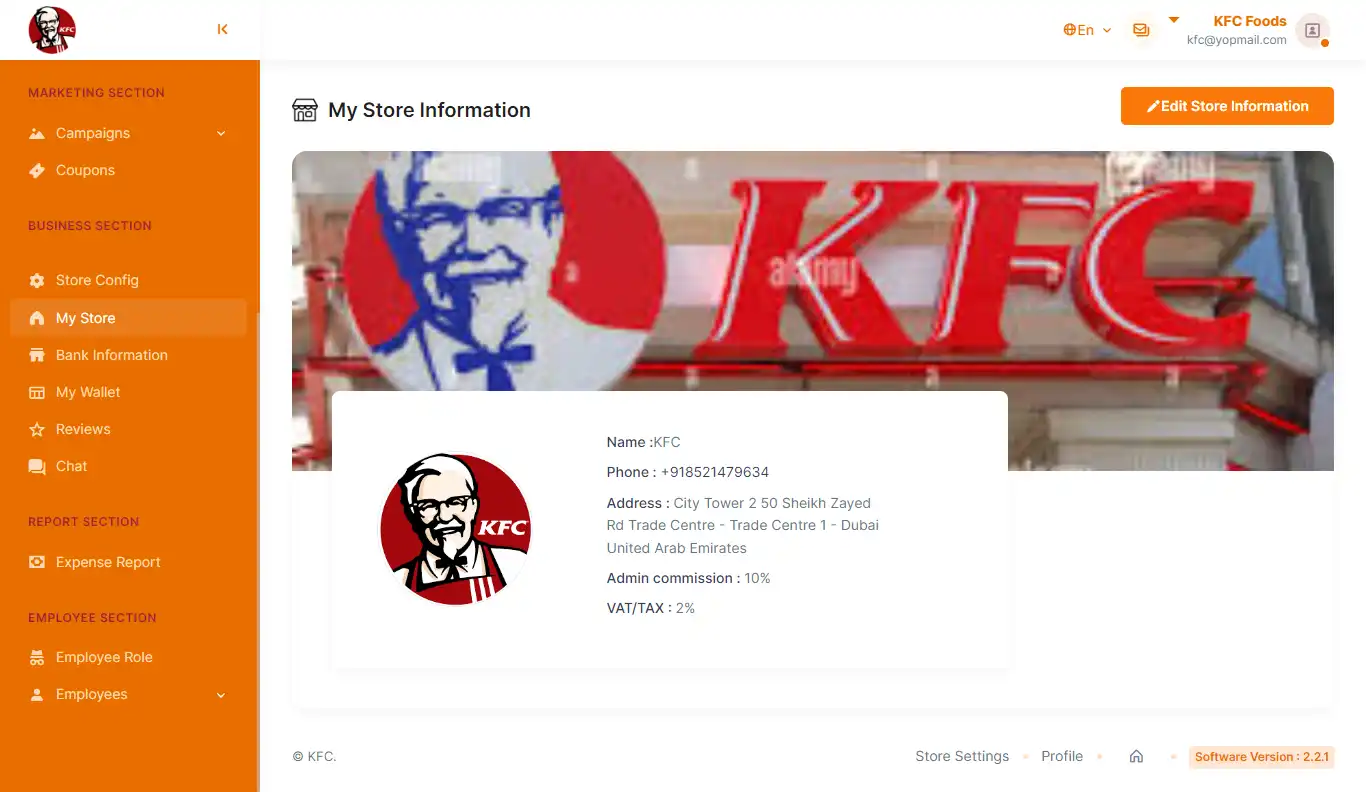 Food delivery restaurant panel — My Store