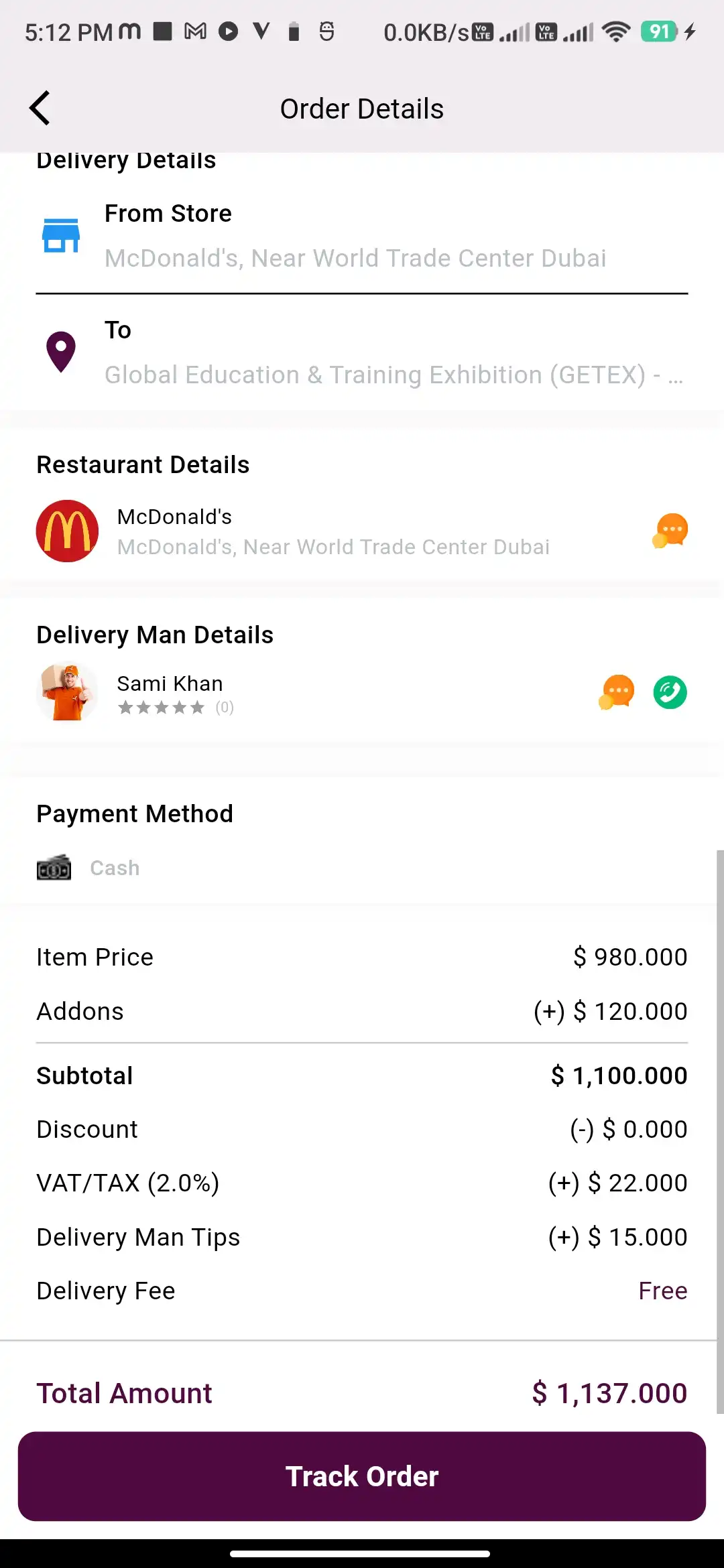 Food delivery user — Order Details