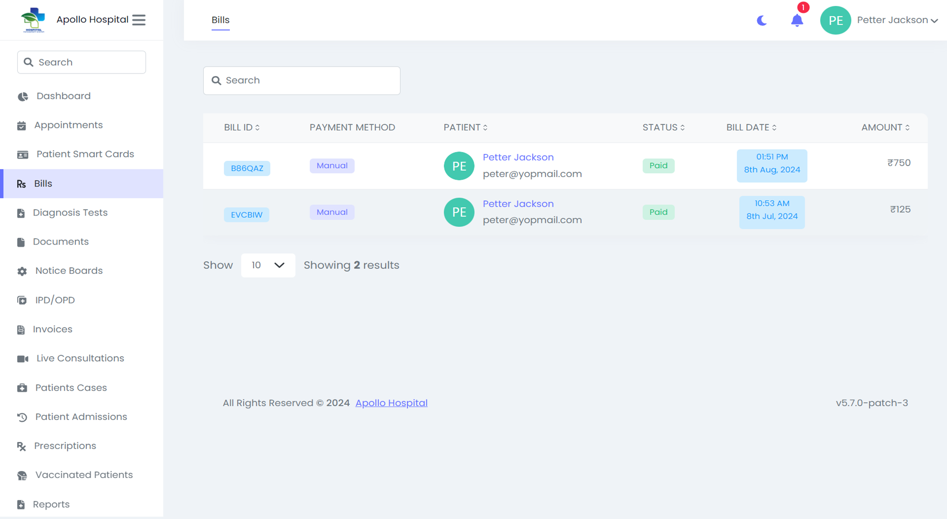 Hospital Management System — patient panel — Bills