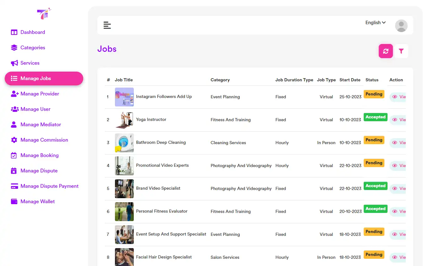Service marketplace — admin panel — Manage Jobs