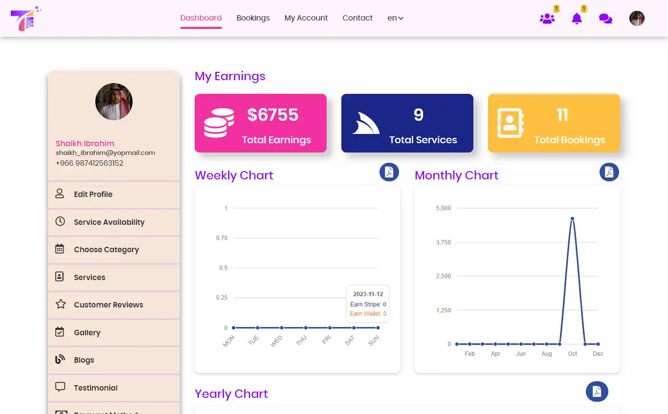 Service marketplace — provider panel — Dashboard