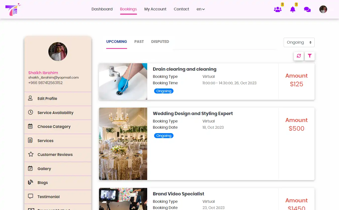 Service marketplace — provider panel — Bookings Upcoming