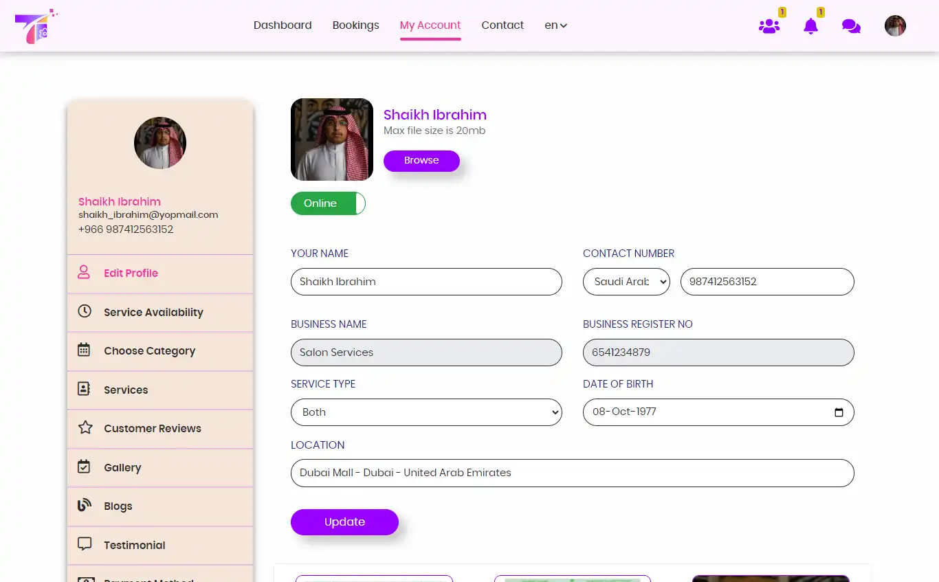 Service marketplace — provider panel — My Account