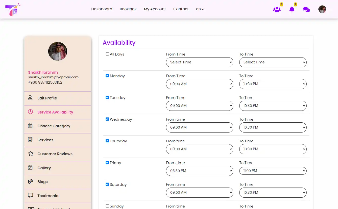 Service marketplace — provider panel — Service Availability