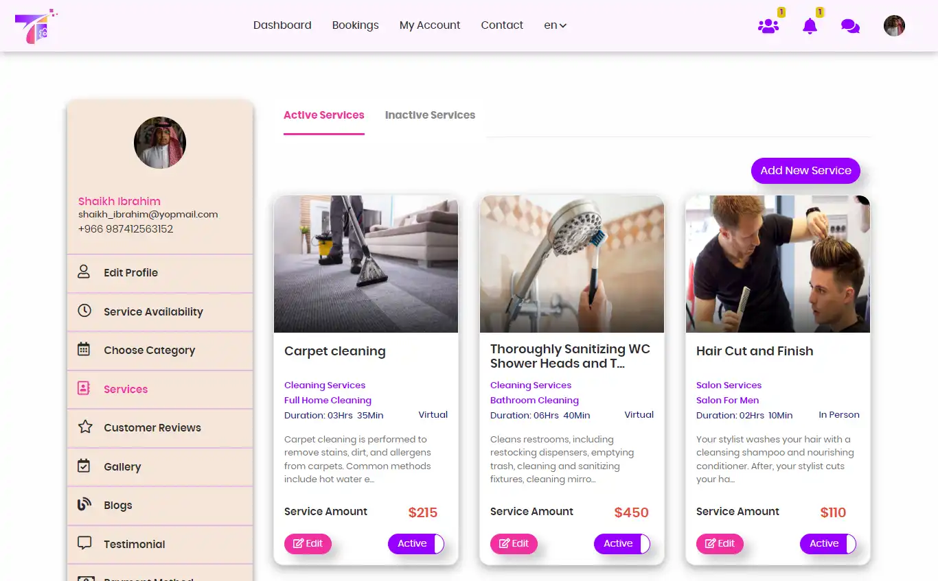 Service marketplace — provider panel — Services