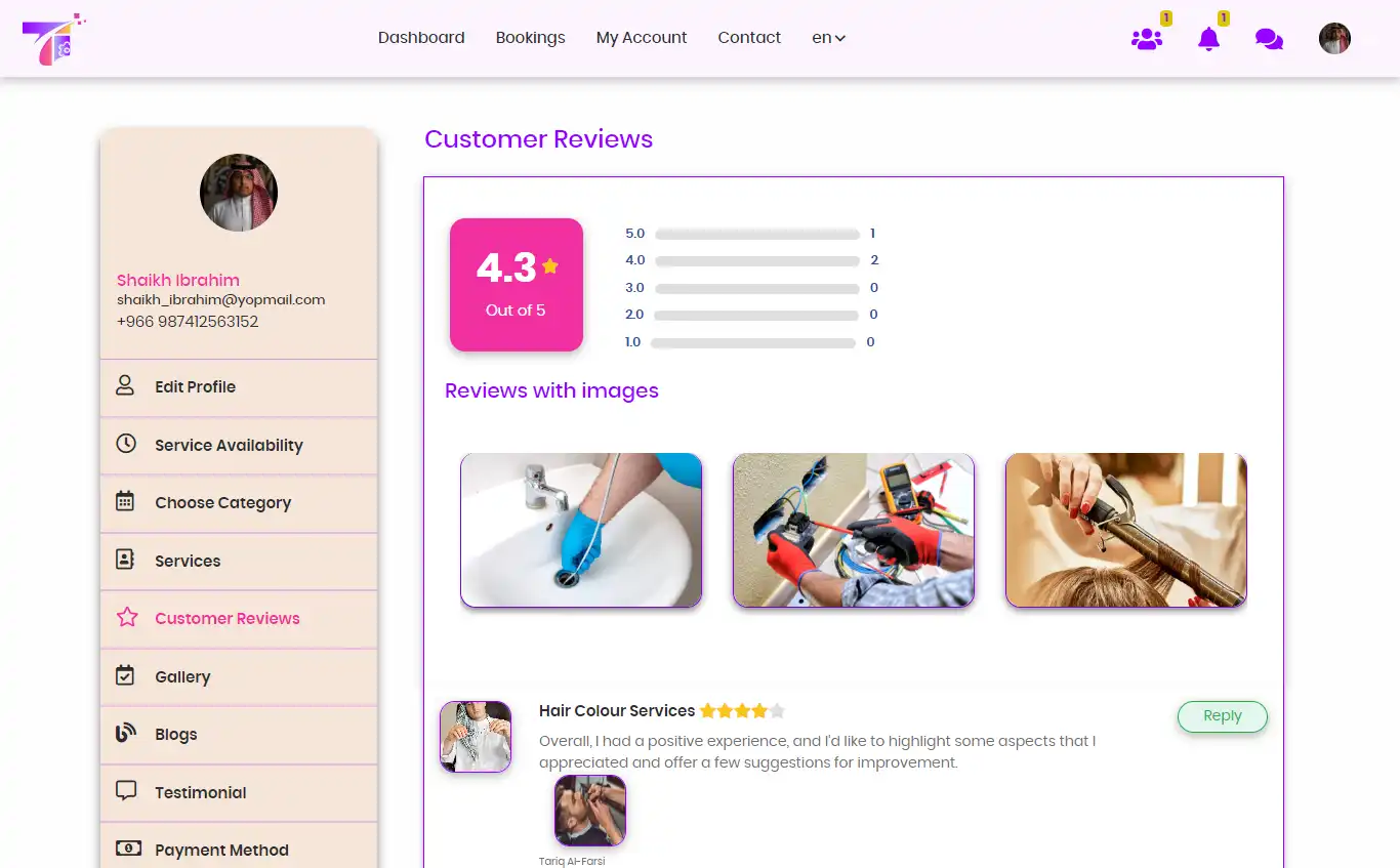 Service marketplace — provider panel — Customer Reviews