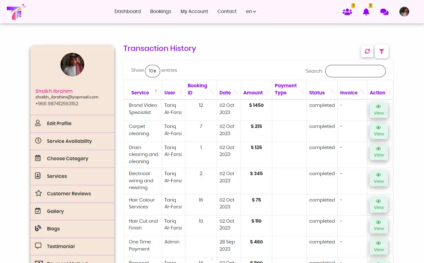 Service marketplace — provider panel — Transaction History