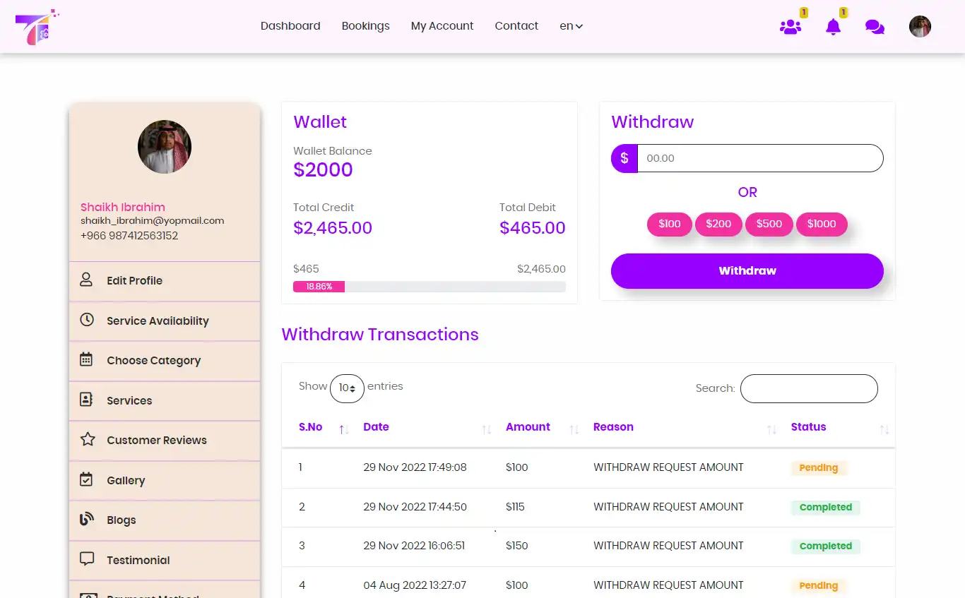 Service marketplace — provider panel — Withdraw Transaction
