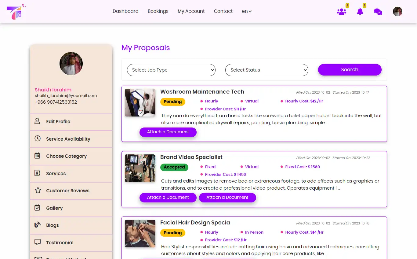 Service marketplace — provider panel — My Proposals