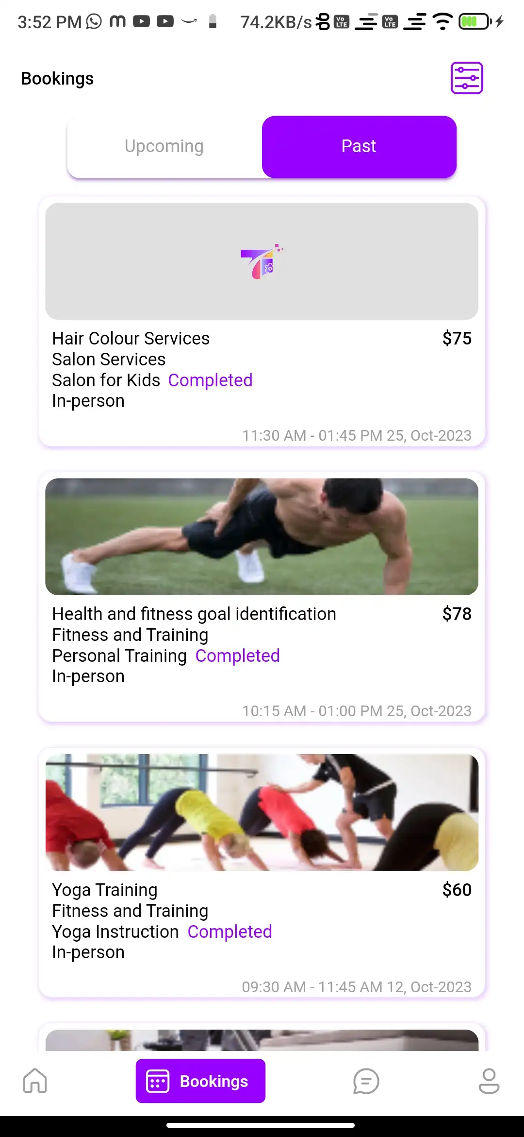 Service marketplace — user app — Past Bookings