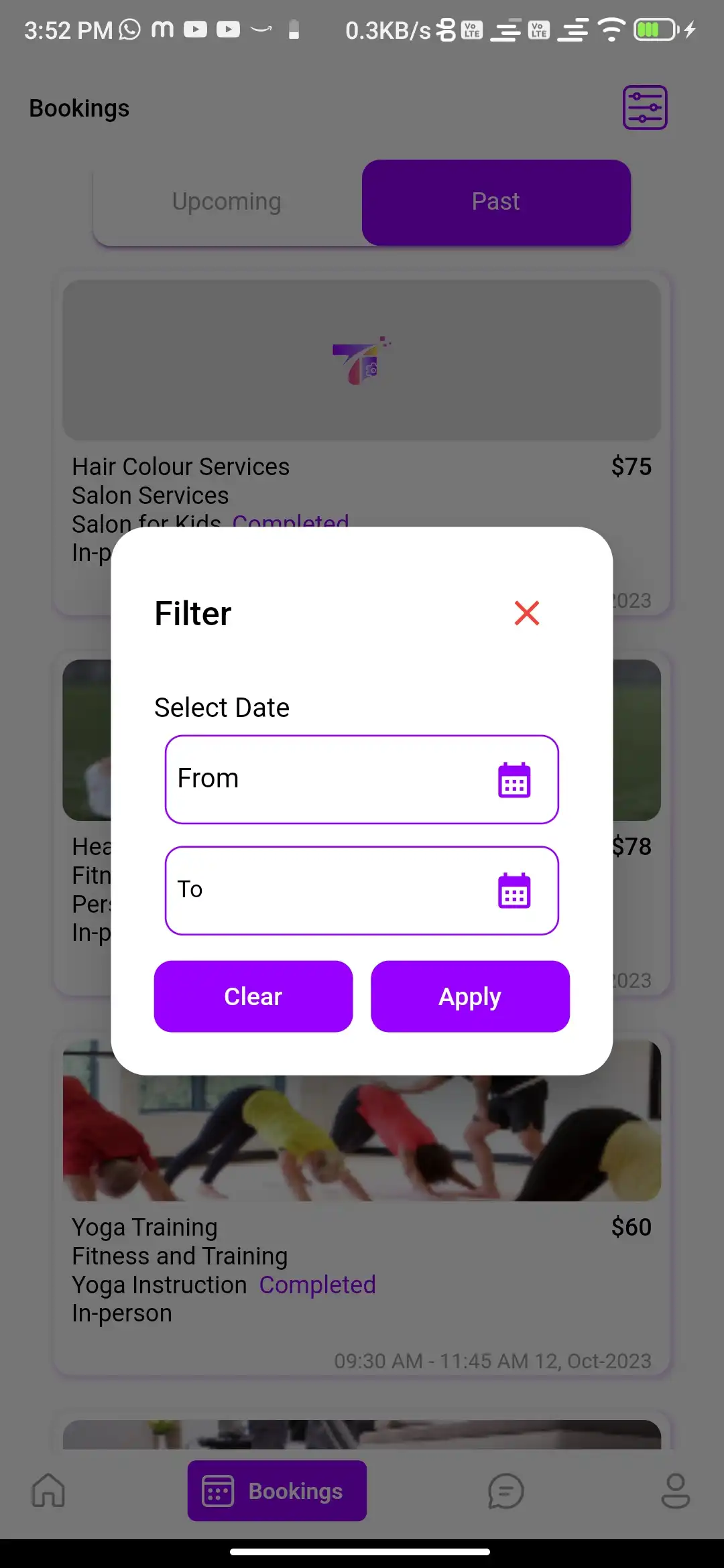Service marketplace — user app — Bookings Filter