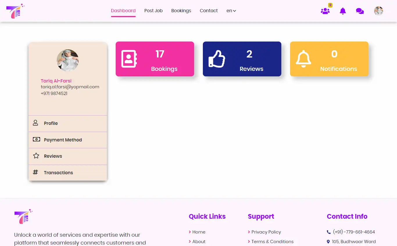 Service marketplace — user panel — Dashboard