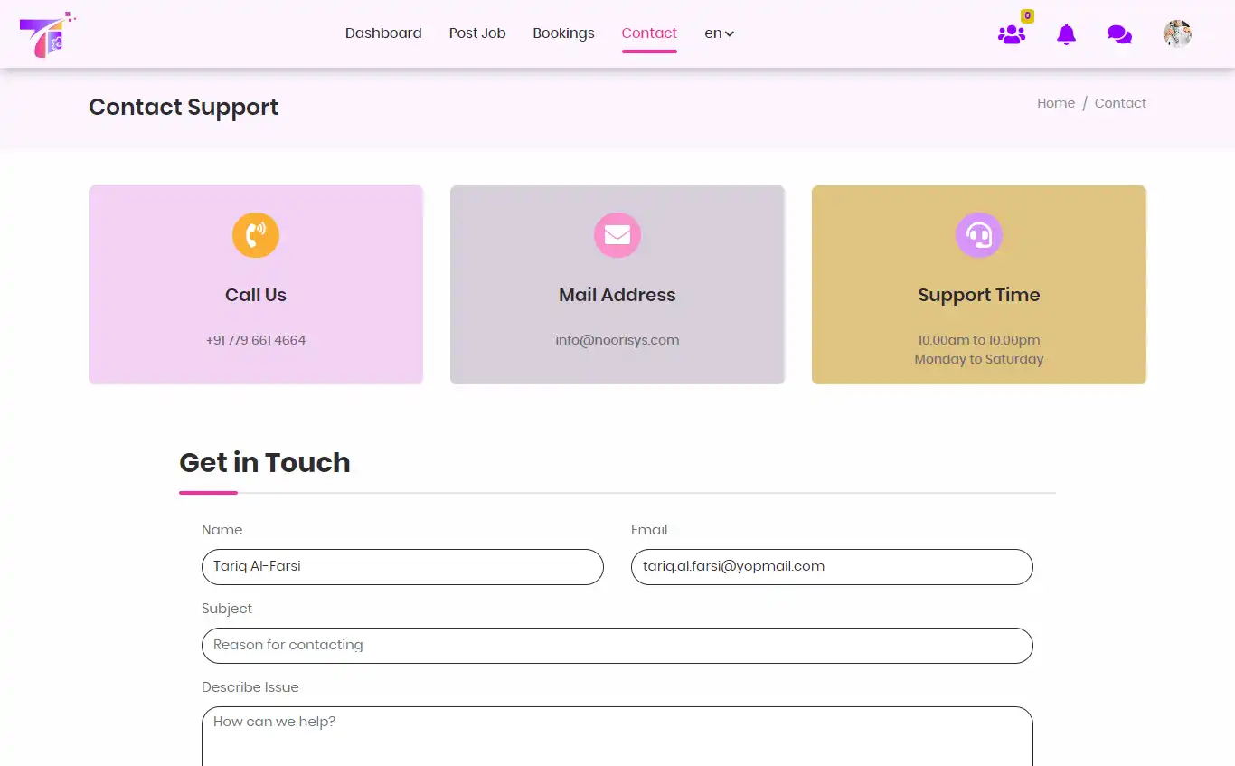 Service marketplace — user panel — Contact