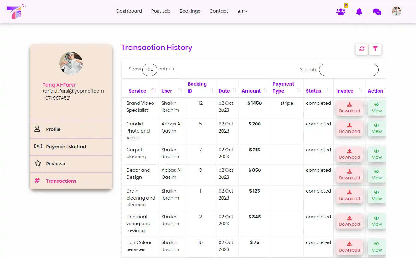 Service marketplace — user panel — Transaction History