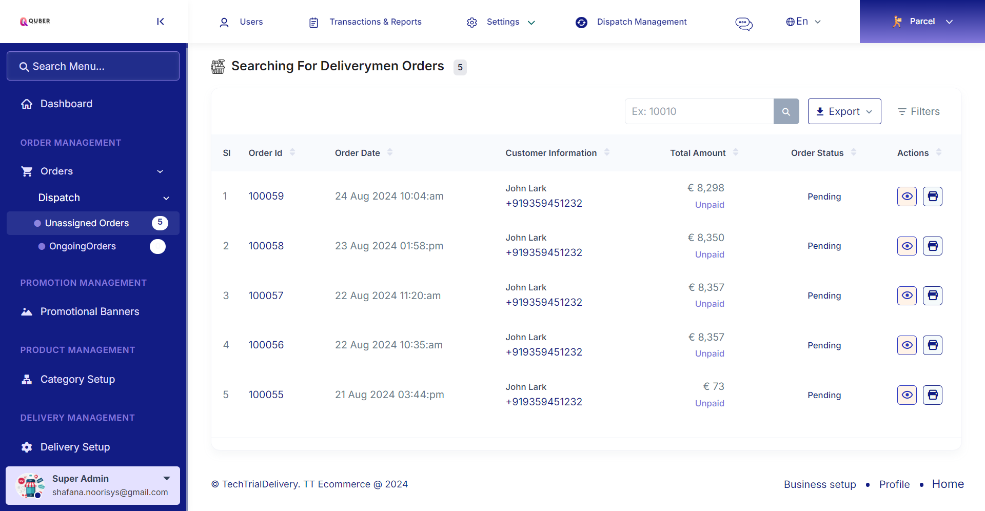 Parcel admin — Unassigned Order