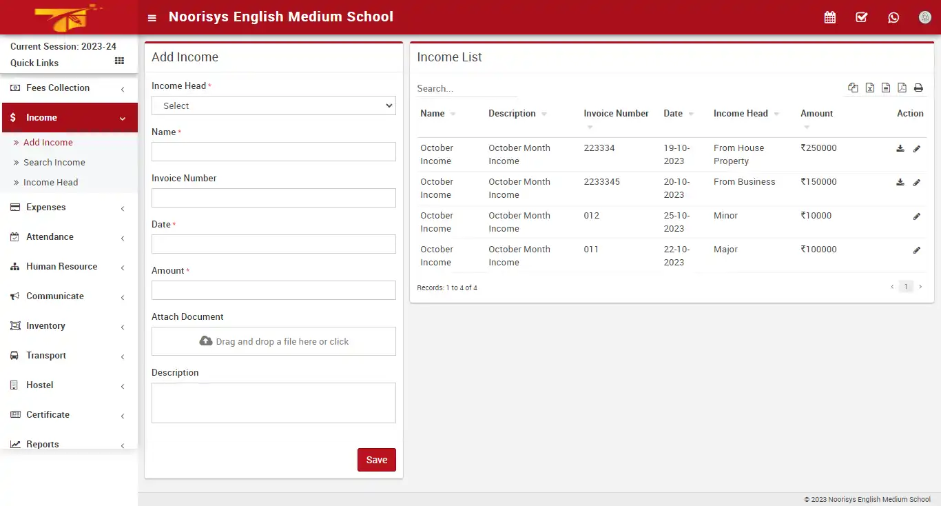 School management — accountant panel — Income