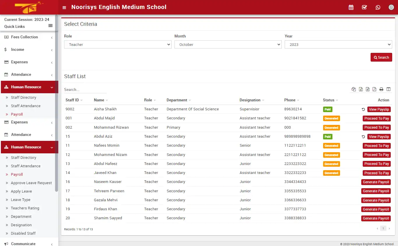 School management — accountant panel — Human Resource Payroll