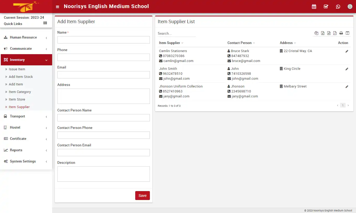 School management — accountant panel — Item Supplier
