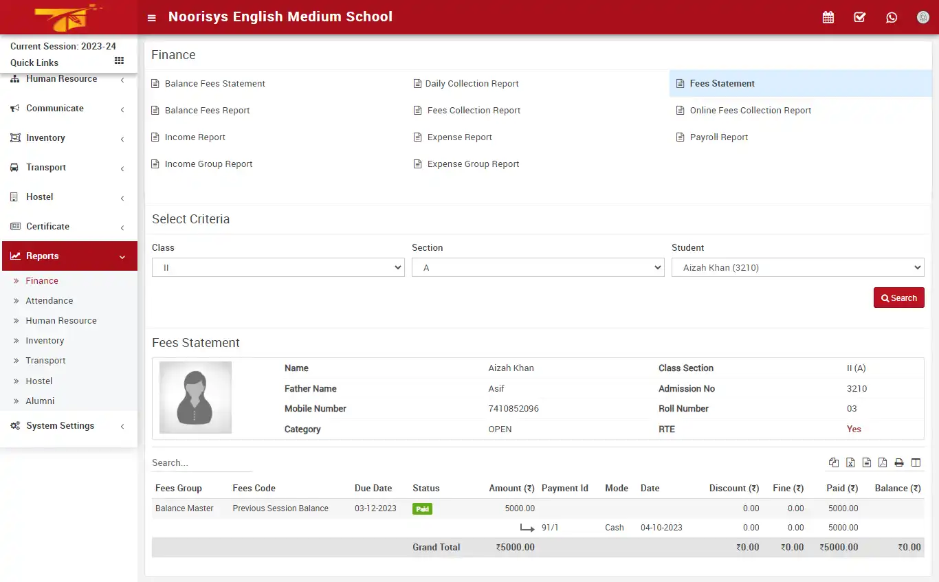 School management — accountant panel — Reports Finance