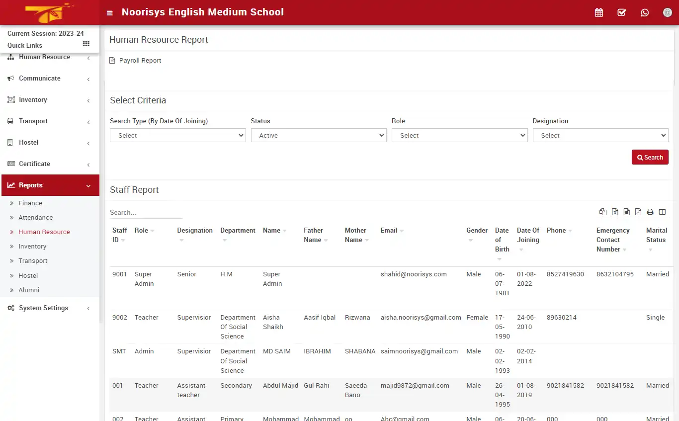School management — accountant panel — Reports Human Resource