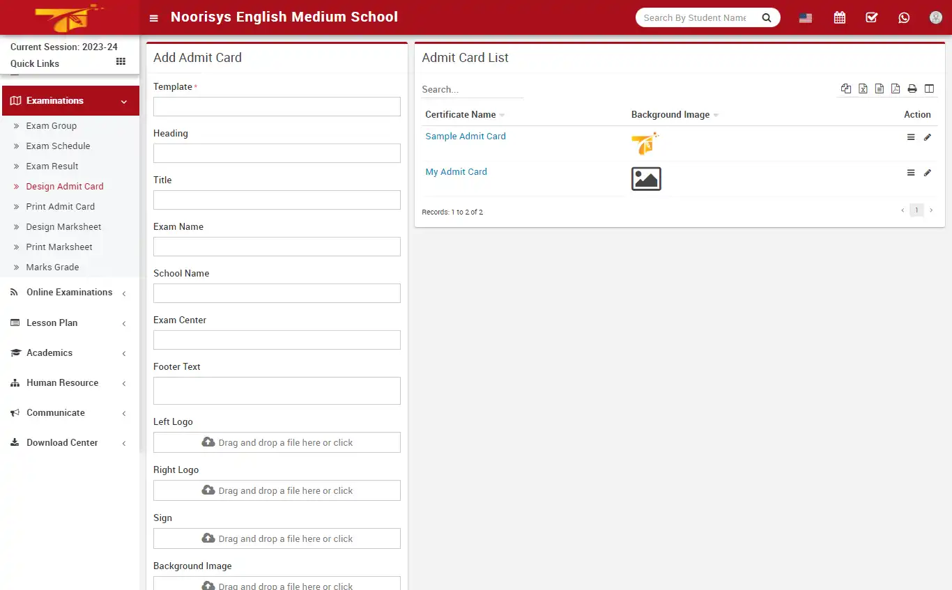 School management — admin panel — Examination