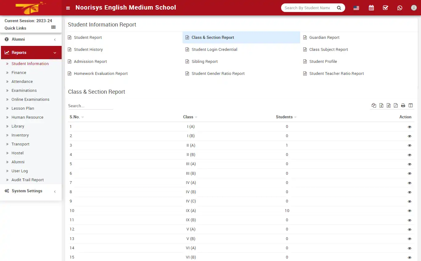 School management — admin panel — Reports Student Information