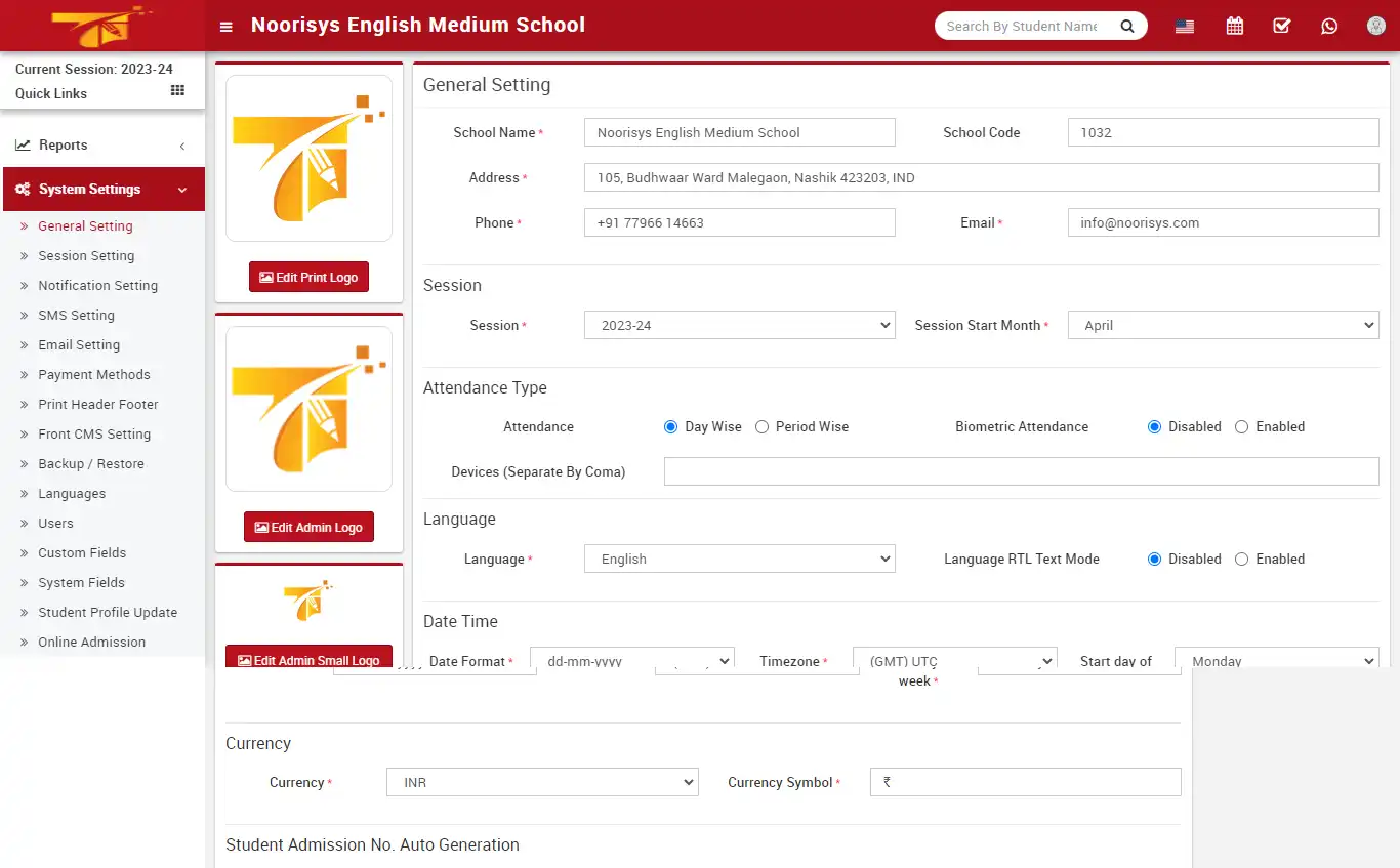 School management — admin panel — System General Setting