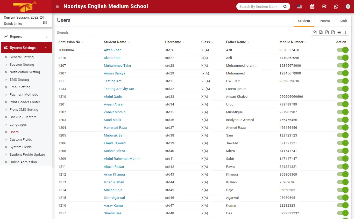 School management — admin panel — Users