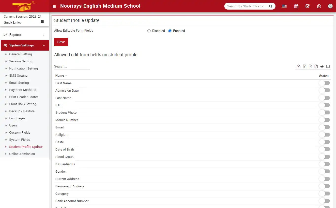 School management — admin panel — Student Profile Update