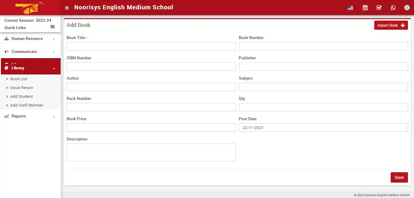 School management — librarian panel — Add Book