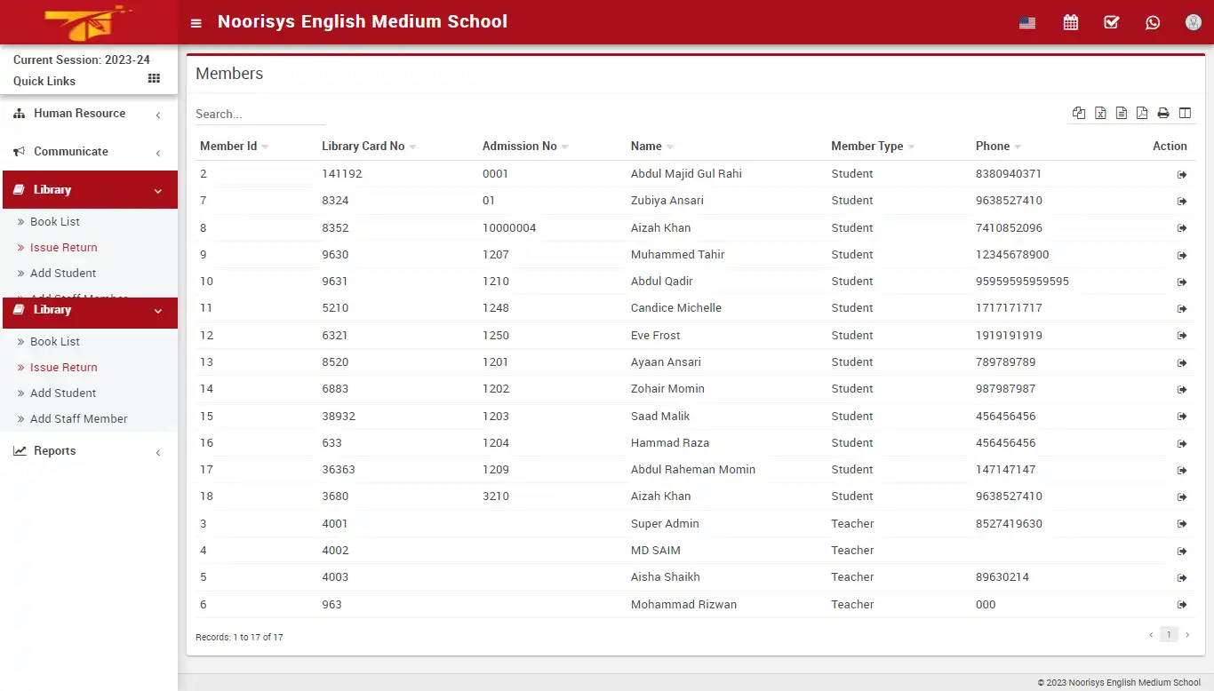 School management — librarian panel — Issue Book