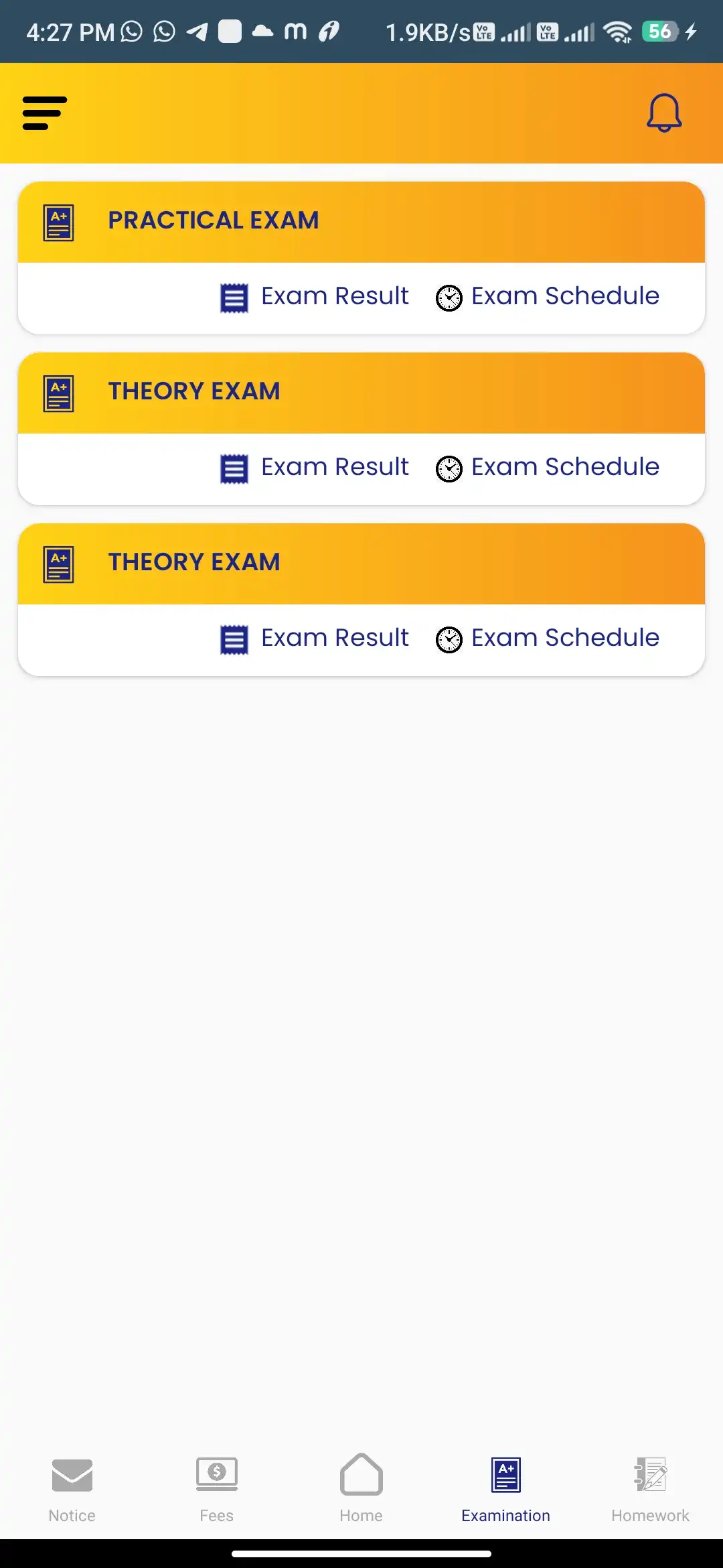 School management — parent app — Examinations