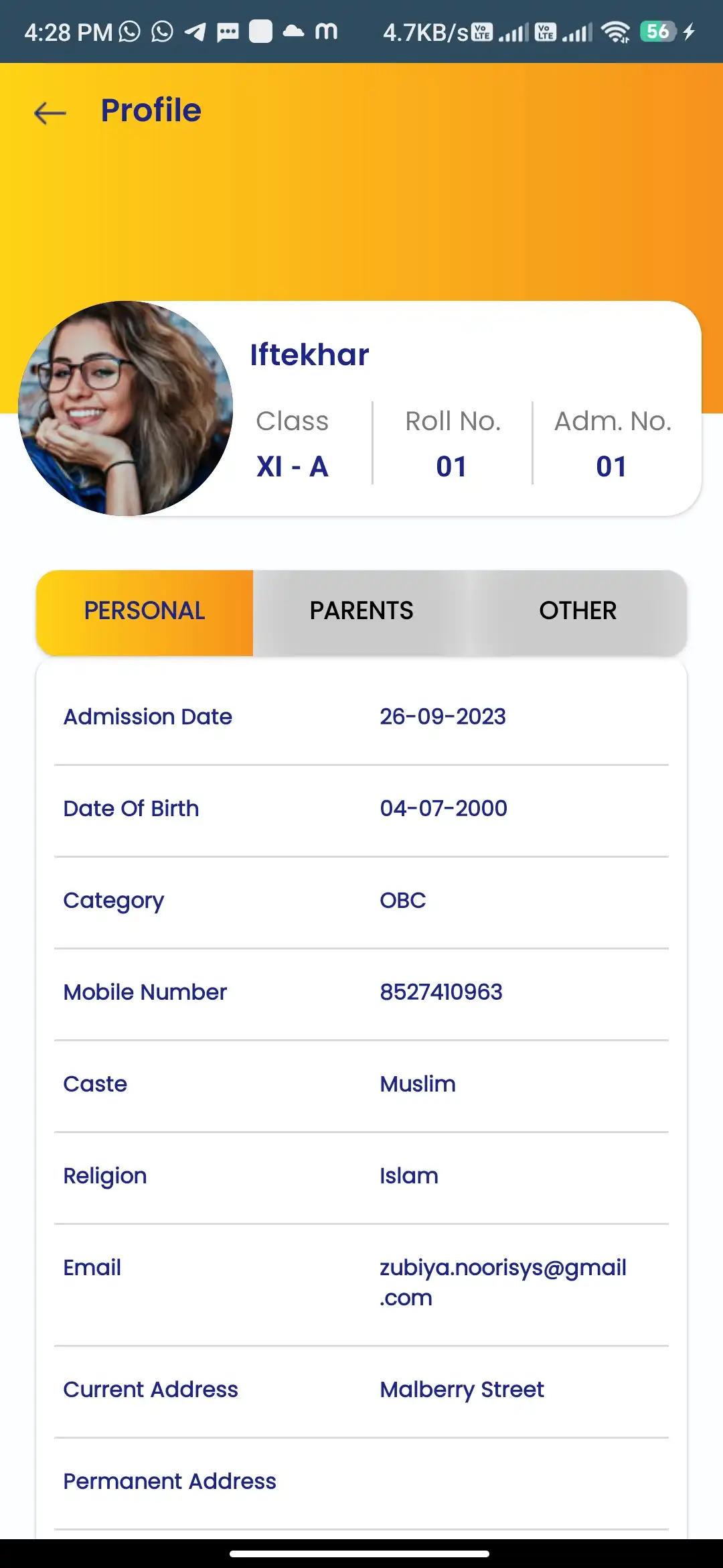 School management — parent app — Profile Personal