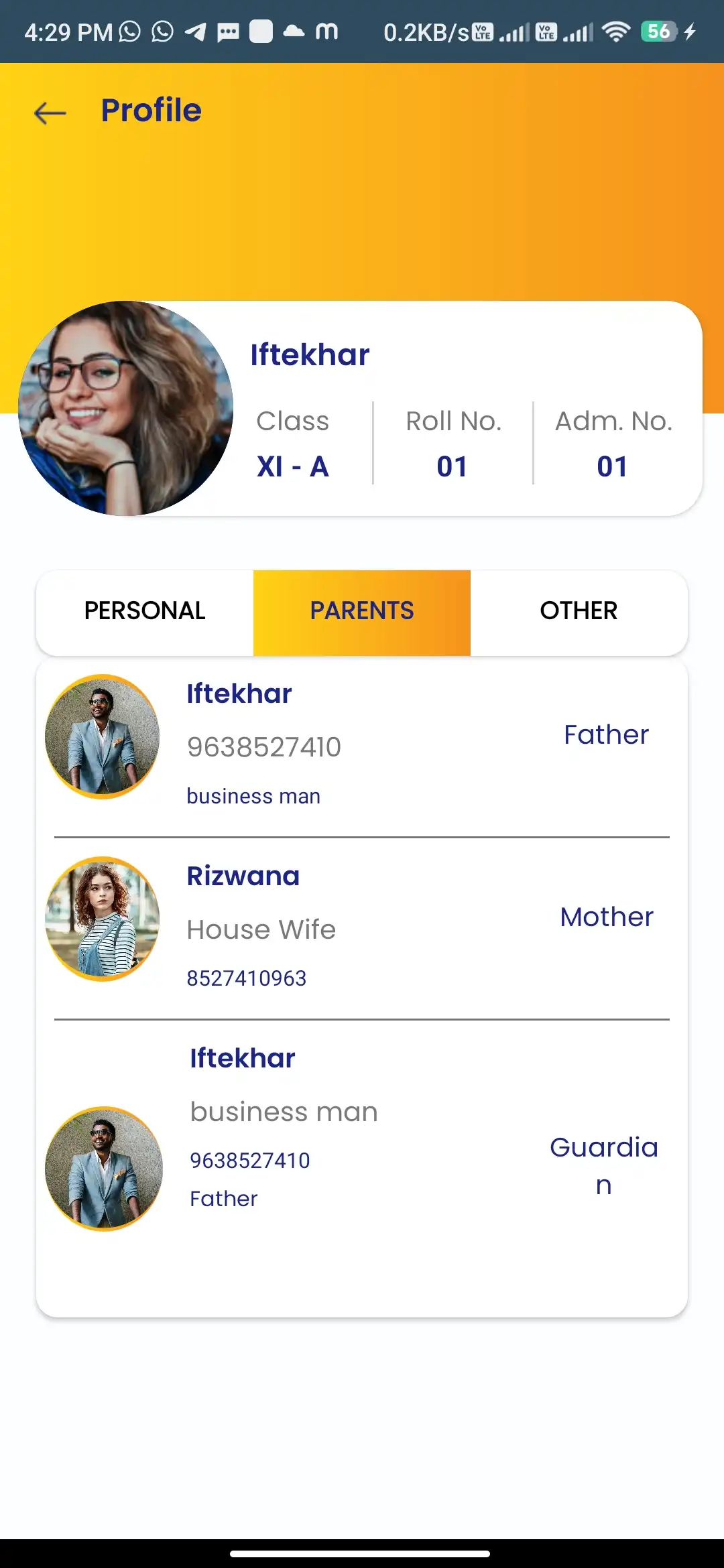 School management — parent app — Profile Parents