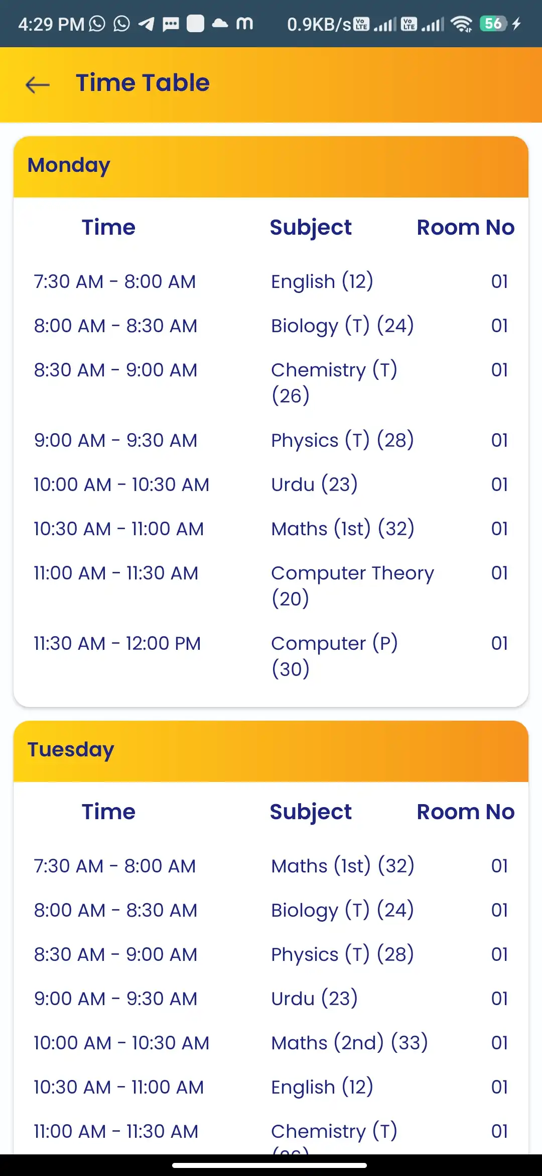 School management — parent app — Timetable
