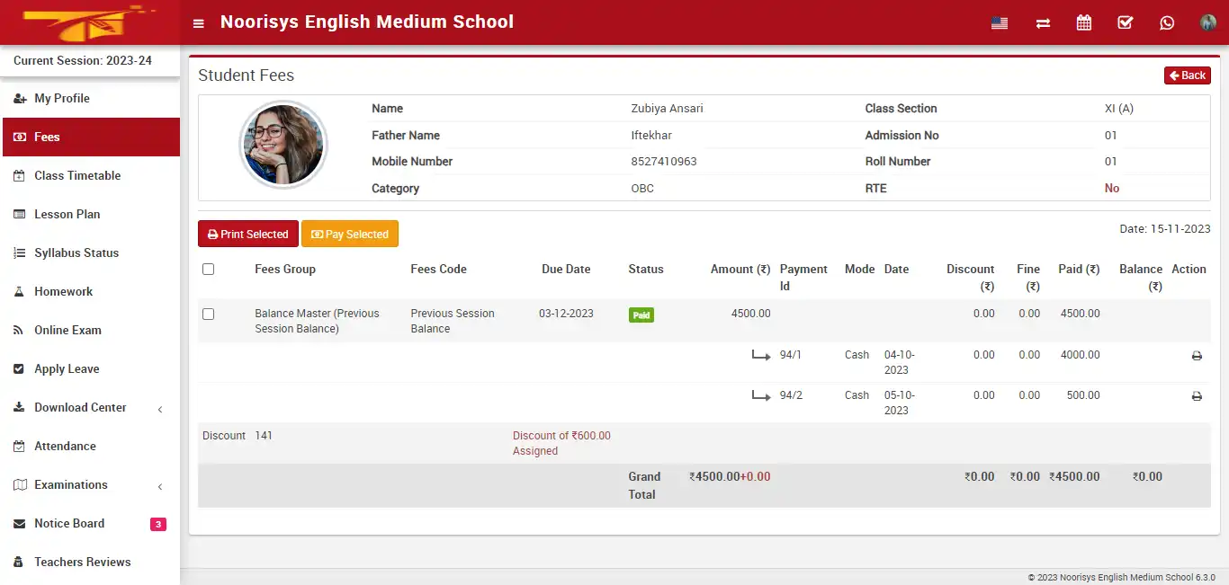School management — student panel — Fees
