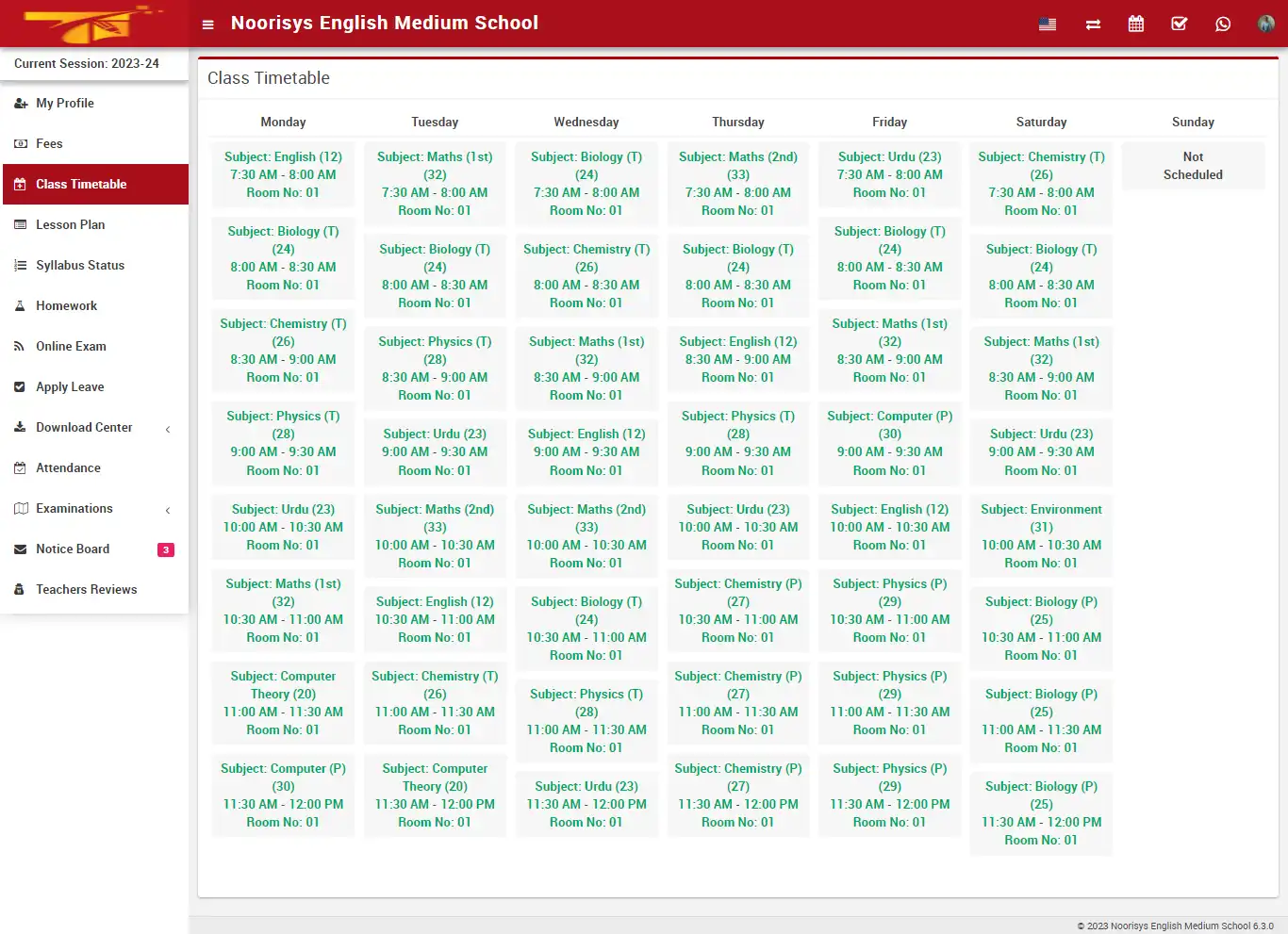 School management — student panel — Class Timetable