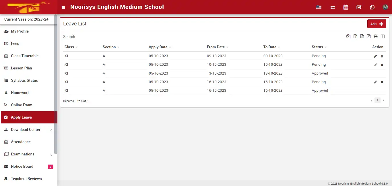 School management — student panel — Apply Leave