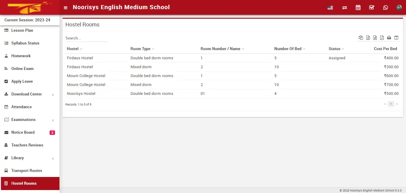 School management — student panel — Hostel Rooms