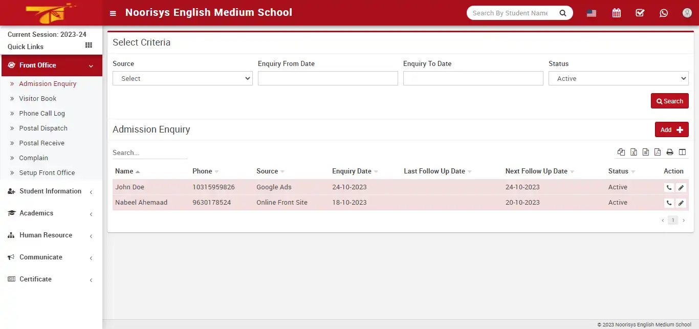 School management — receptionist panel — Admission Enquiry