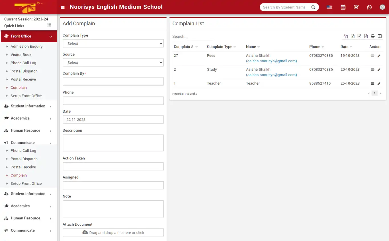 School management — receptionist panel — Complain
