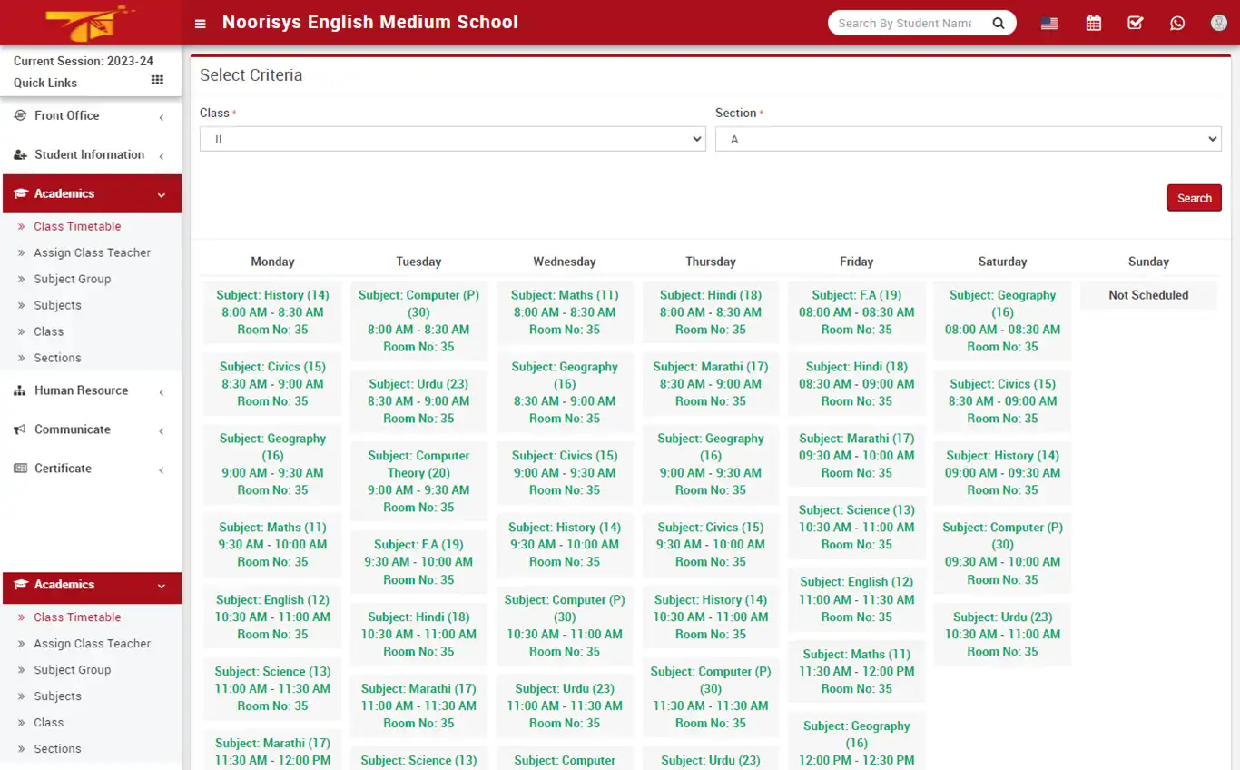 School management — receptionist panel — Academics Class Timetable