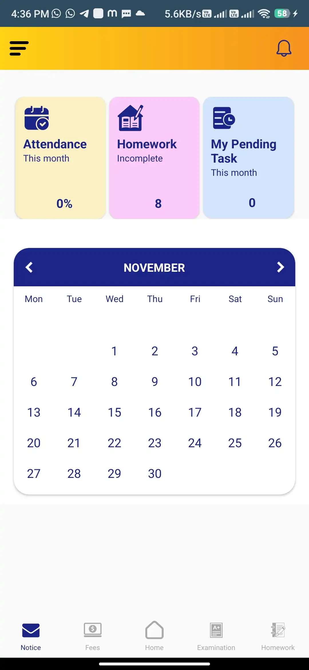School management — student app — Dashboard