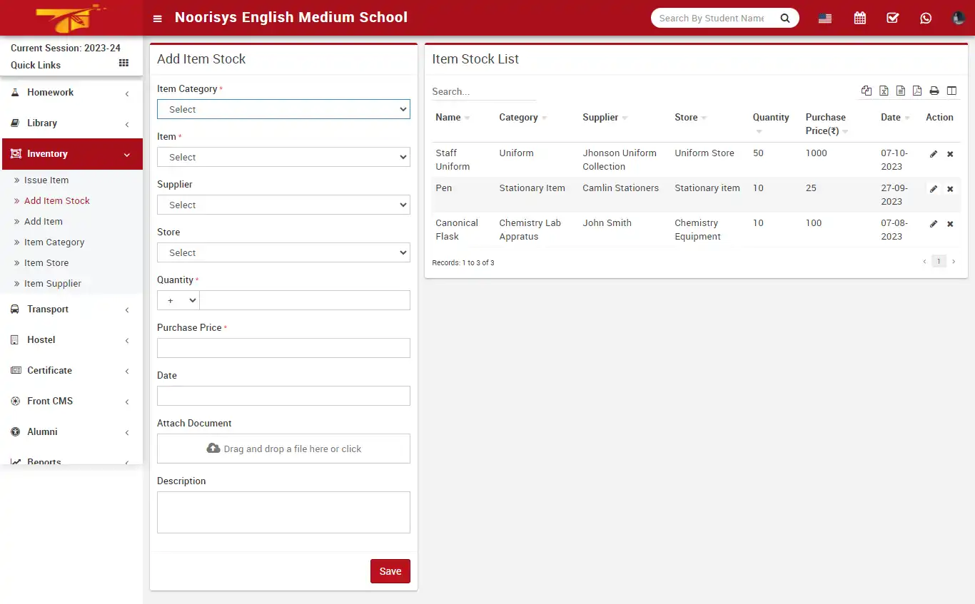 School management — super admin panel — Inventory