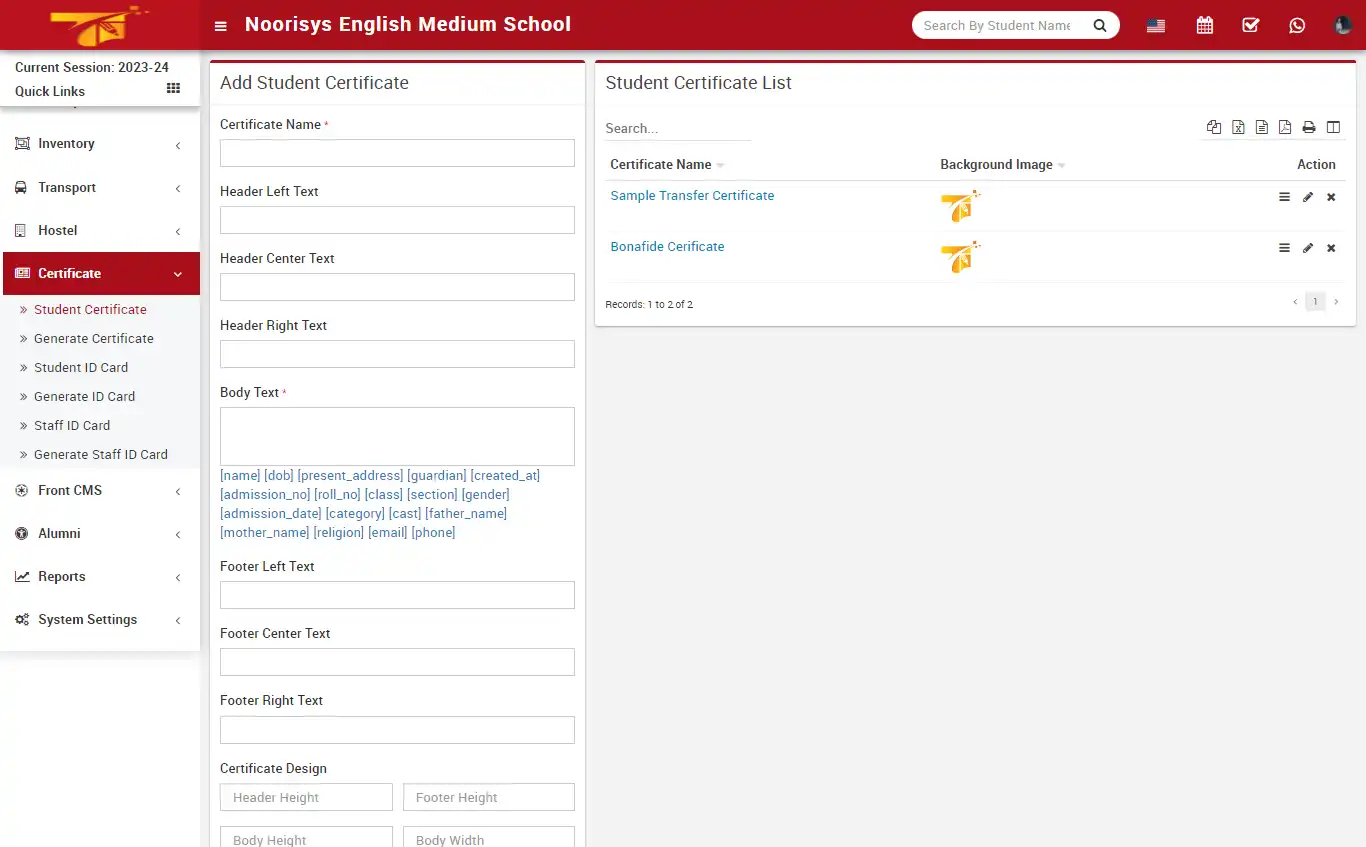School management — super admin panel — Certificate